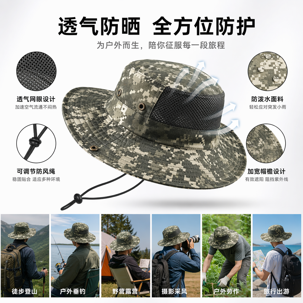 Six-color camouflage fisherman's hat, unisplendable, sunshade and sun protection, foldable casual hat