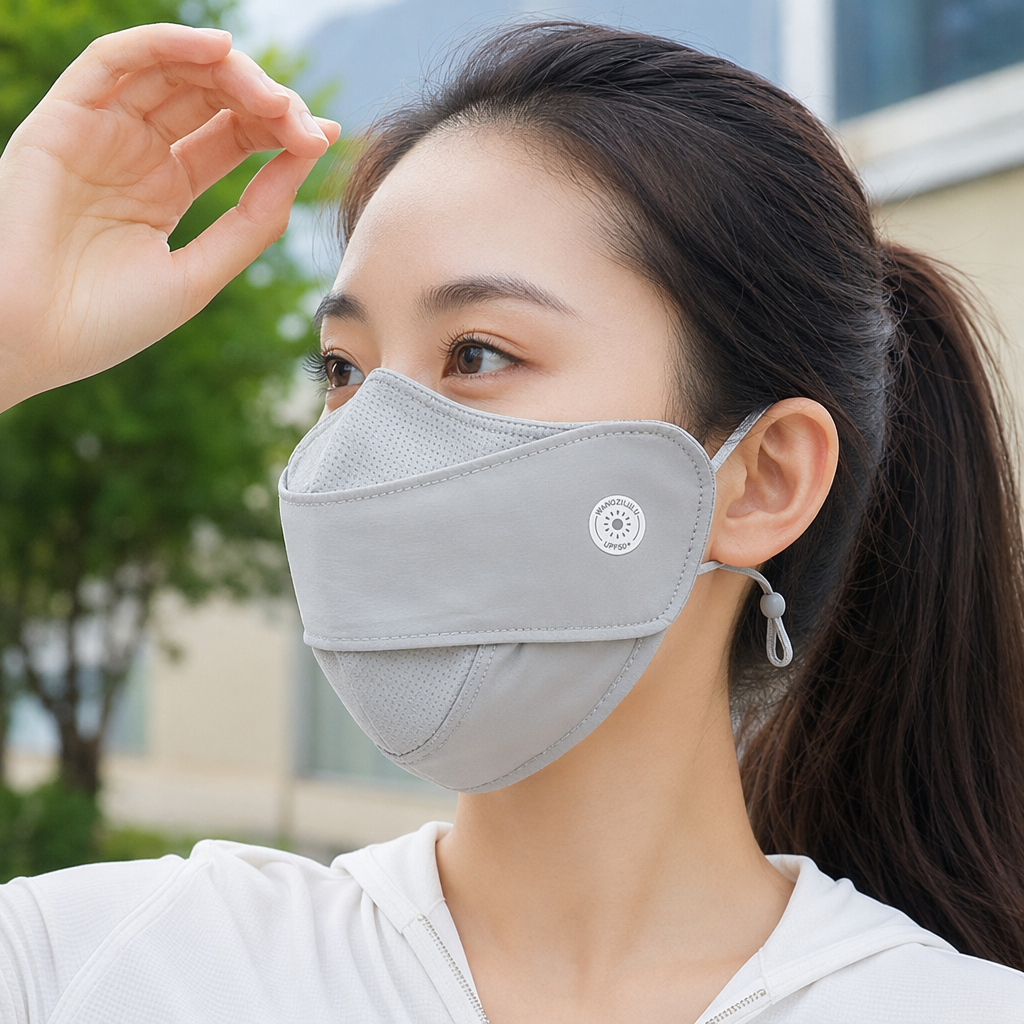 The grey sun-protective mask is UPF50+ breathable, ice-feel, UV-resistant, washable and reusable details Picture