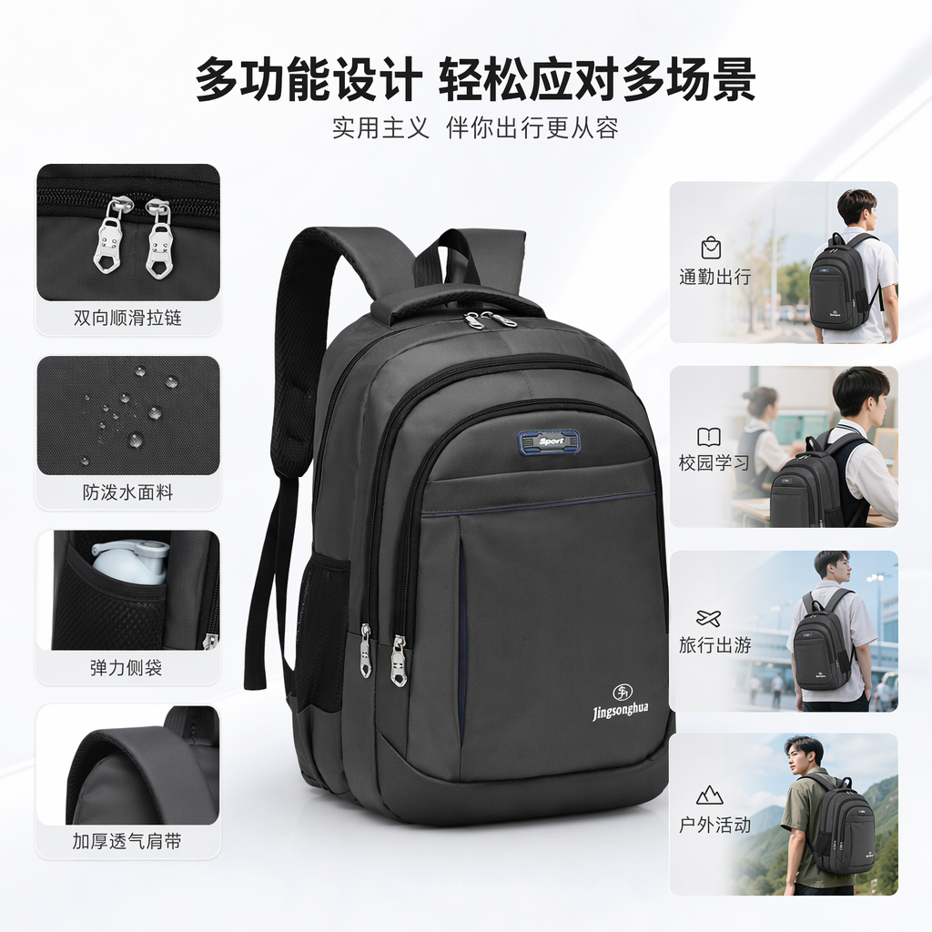 The grey nylon waterproof backpack is lightweight, wear-resistant and has a large capacity for commuting to school