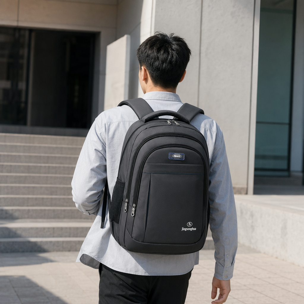 The grey nylon waterproof backpack is lightweight, wear-resistant and has a large capacity for commuting to school details Picture