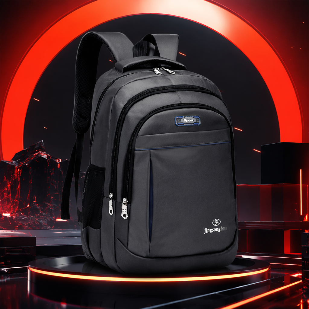 The grey nylon waterproof backpack is lightweight, wear-resistant and has a large capacity for commuting to school Specification image