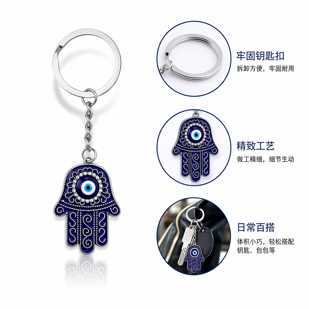 Blue Fatima's Hand alloy keychain car pendant, portable amulet