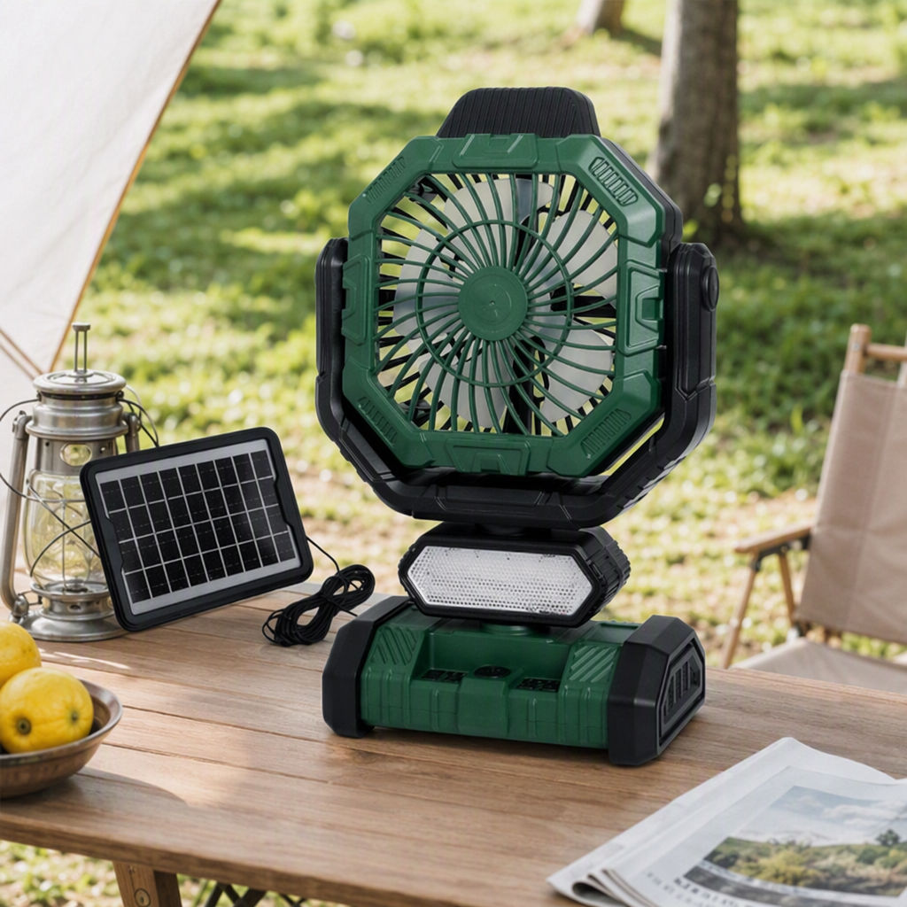 Green portable solar fan lamp for both charging and lighting, a must-have for outdoor camping details Picture