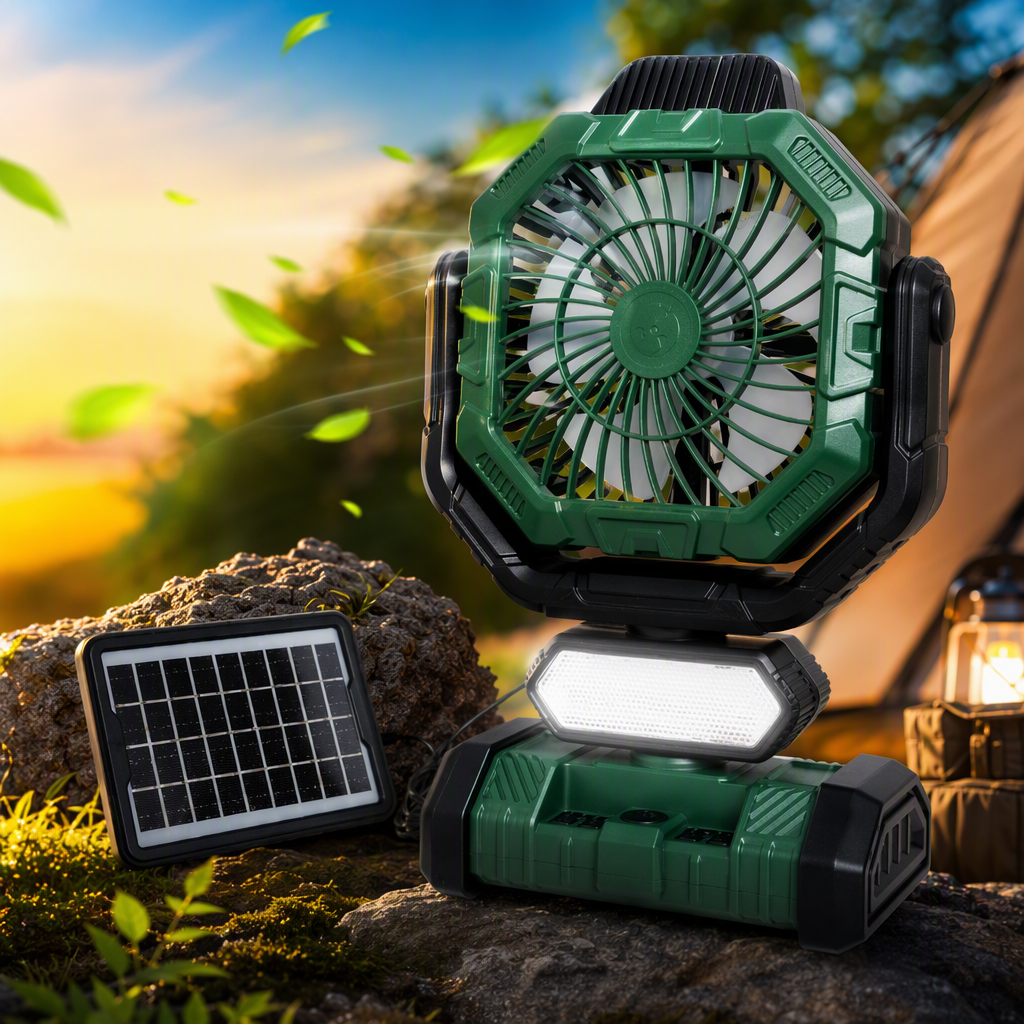 Green portable solar fan lamp for both charging and lighting, a must-have for outdoor camping Specification image