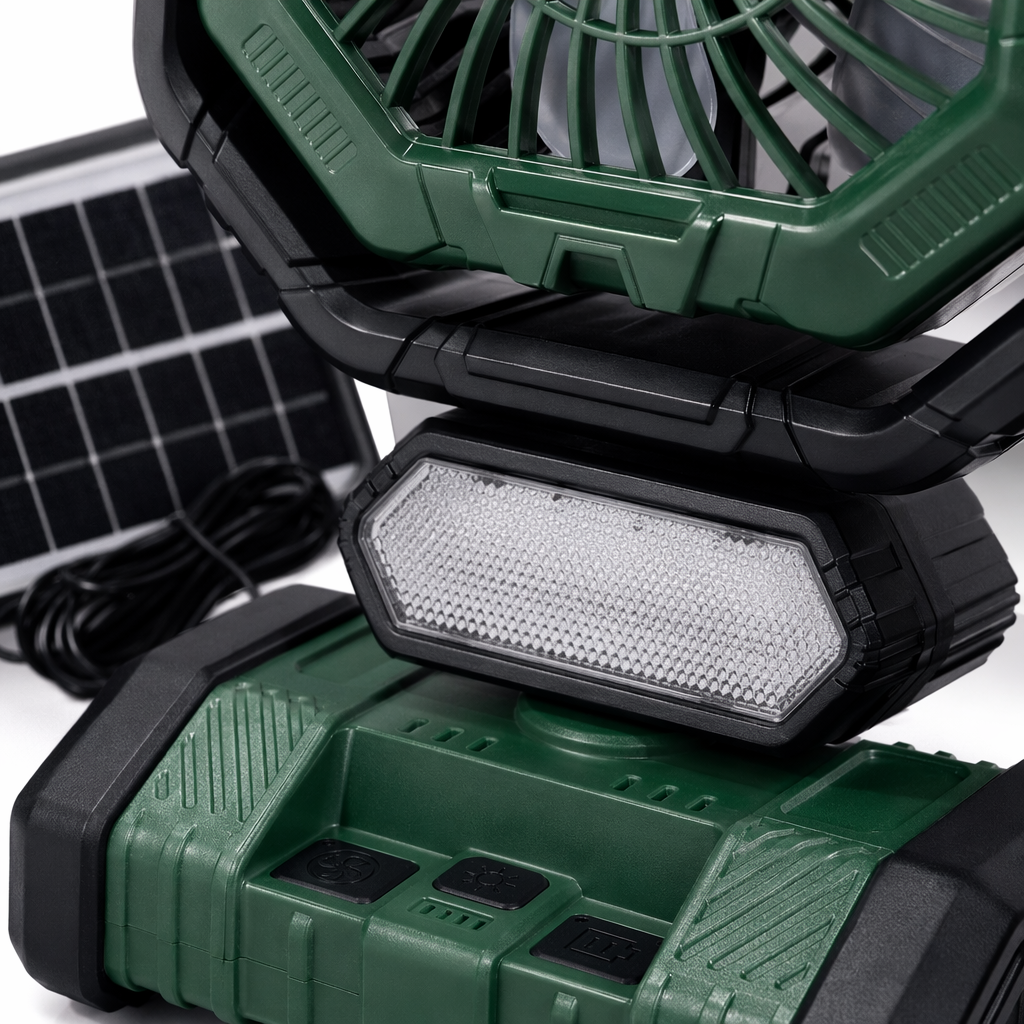 Green portable solar fan lamp for both charging and lighting, a must-have for outdoor camping Application Scenario