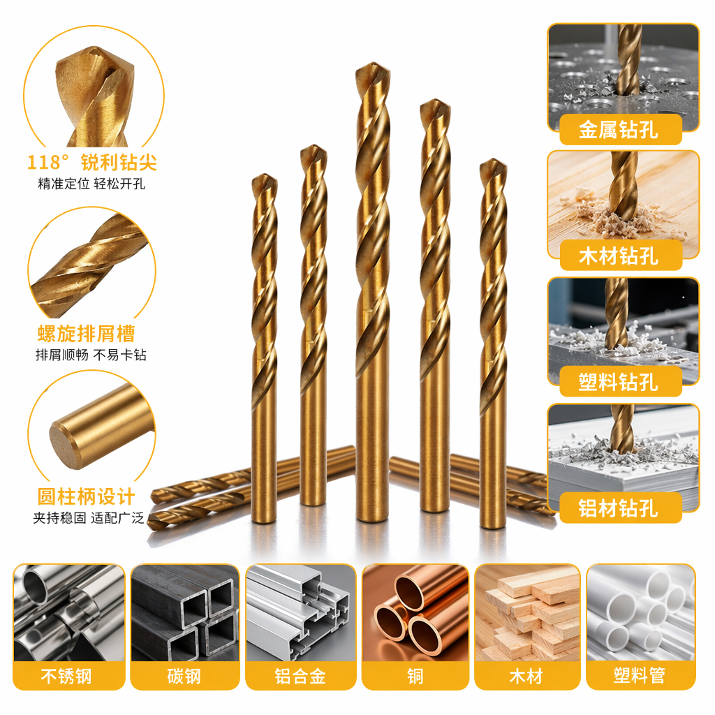 Golden twist drill bit, extended high-speed steel drill bit, metal and wood universal 3-piece set