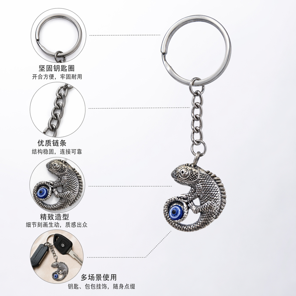 Silver chameleon creative keychain, a personalized and trendy pendant