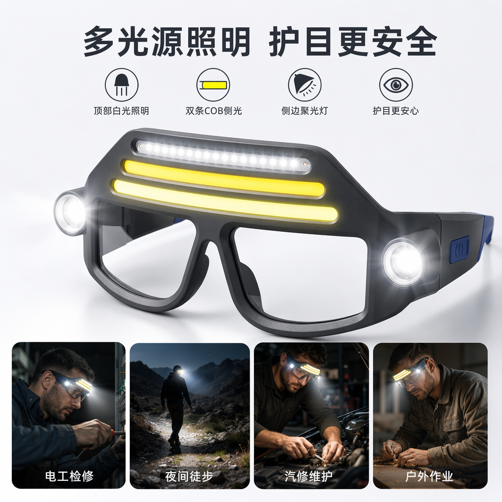 Grey head-mounted LED work light strip with transparent anti-splash lens side light supplementary lighting design