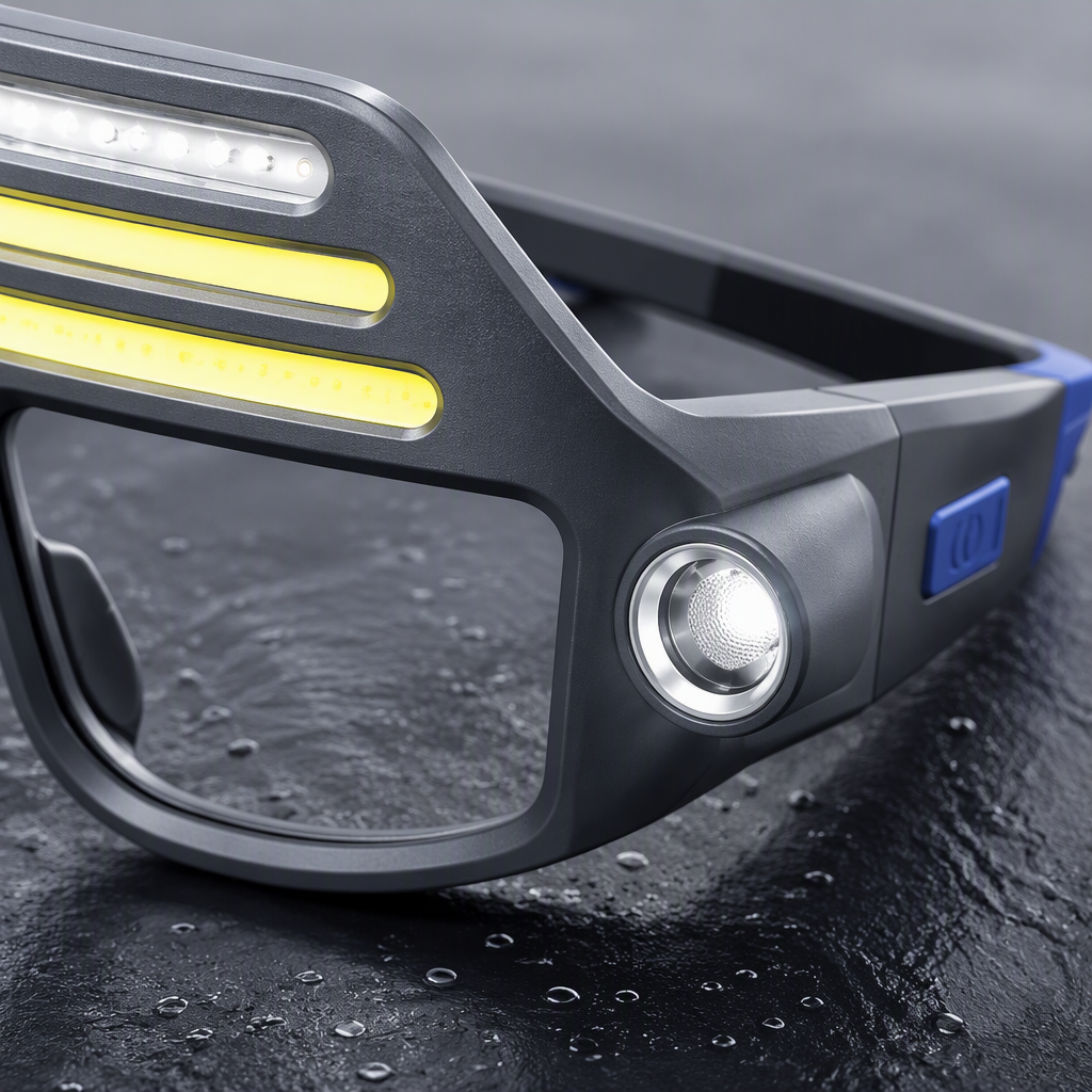 Grey head-mounted LED work light strip with transparent anti-splash lens side light supplementary lighting design Application Scenario