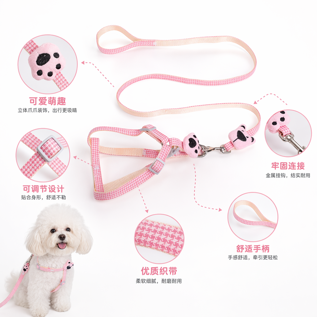 The pink checkered pet leash chest and shoulder strap set is adjustable, breathable and comfortable for walking dogs