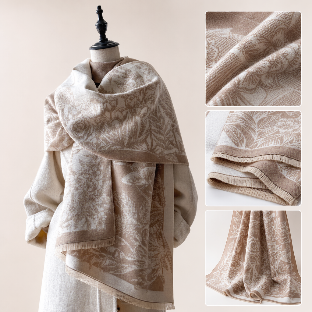 The beige cotton scarf with floral patterns is a versatile choice for women to keep warm in autumn and winter