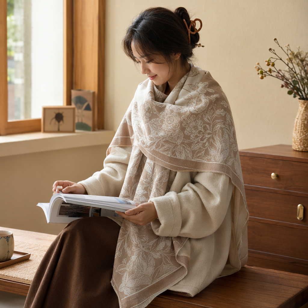 The beige cotton scarf with floral patterns is a versatile choice for women to keep warm in autumn and winter details Picture