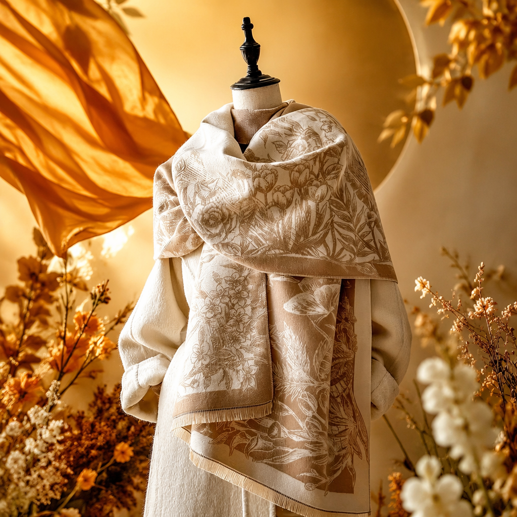 The beige cotton scarf with floral patterns is a versatile choice for women to keep warm in autumn and winter Specification image