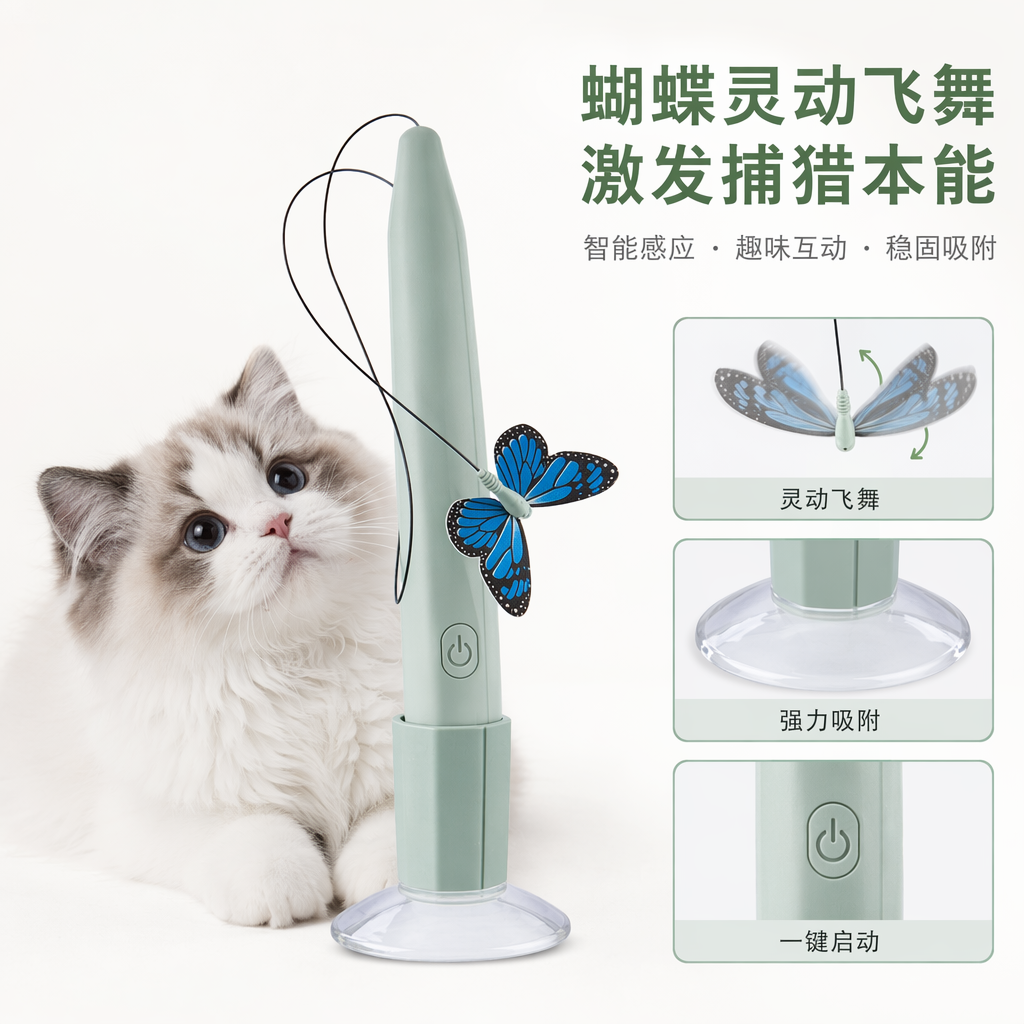 Light green, butterfly-shaped cat teaser with suction cup, rechargeable smart pet toy