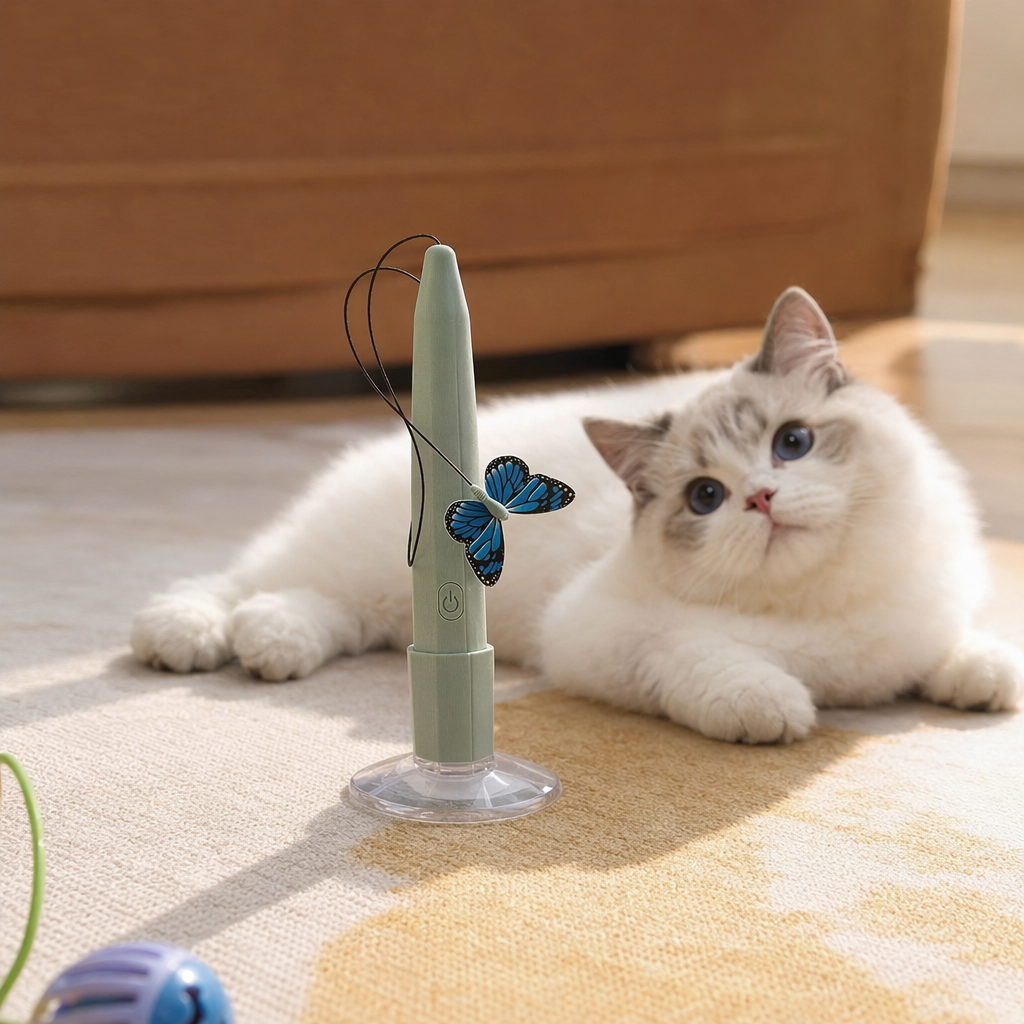 Light green, butterfly-shaped cat teaser with suction cup, rechargeable smart pet toy details Picture