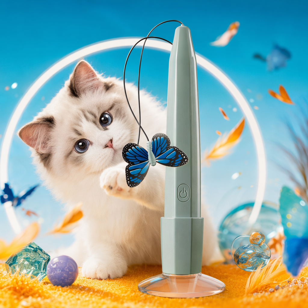 Light green, butterfly-shaped cat teaser with suction cup, rechargeable smart pet toy Specification image