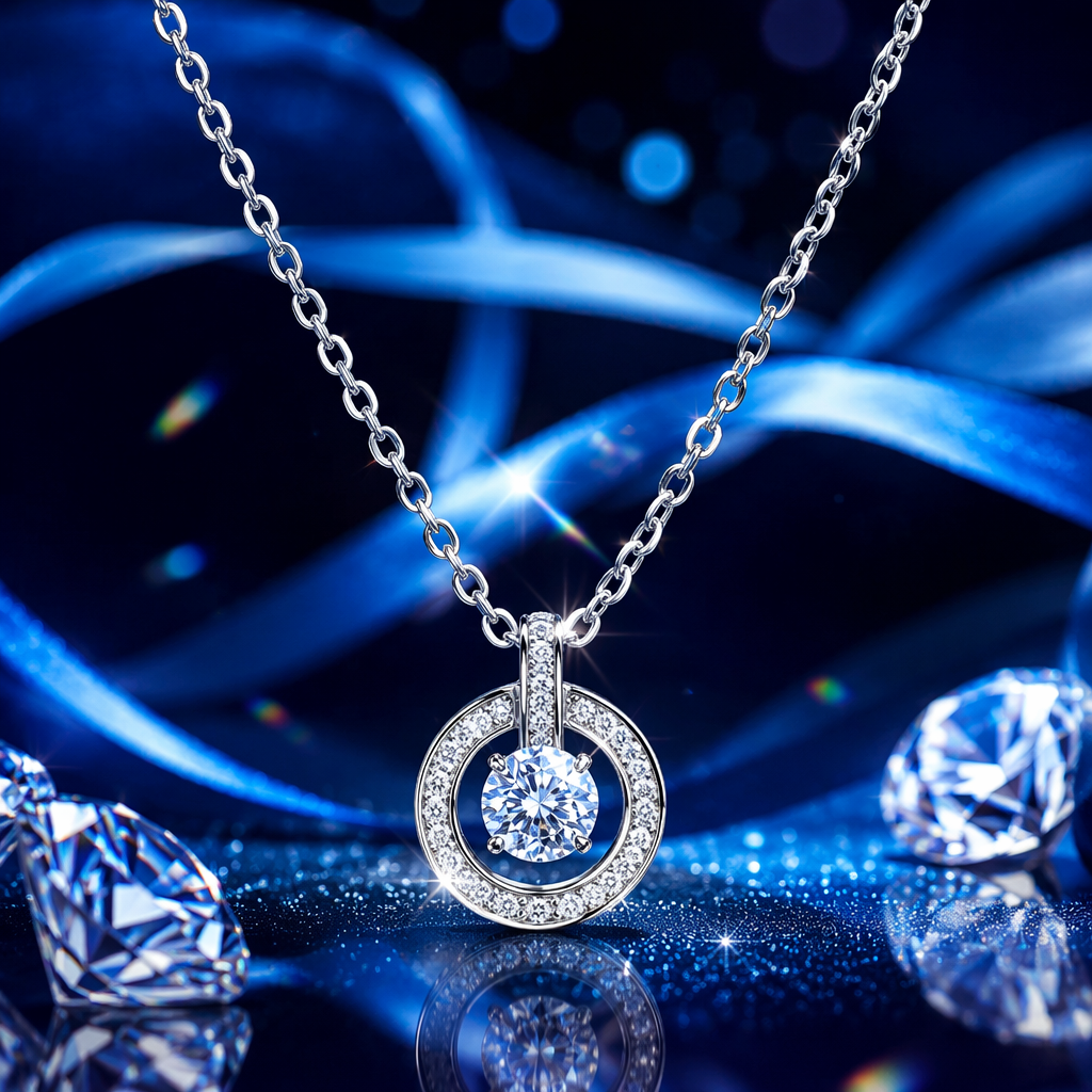 The silver necklace features a central circular main diamond and an outer ring closely set with small diamonds and a fine chain design Specification image