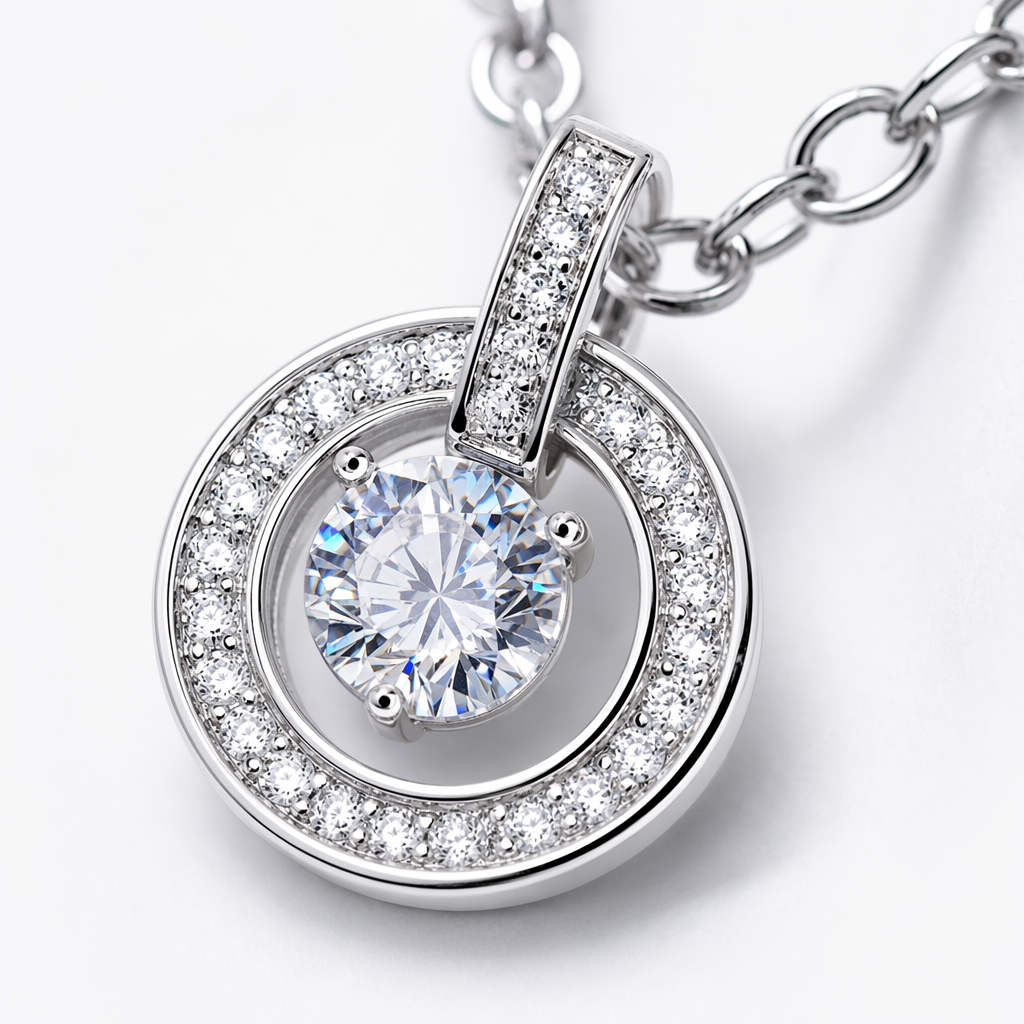 The silver necklace features a central circular main diamond and an outer ring closely set with small diamonds and a fine chain design Application Scenario