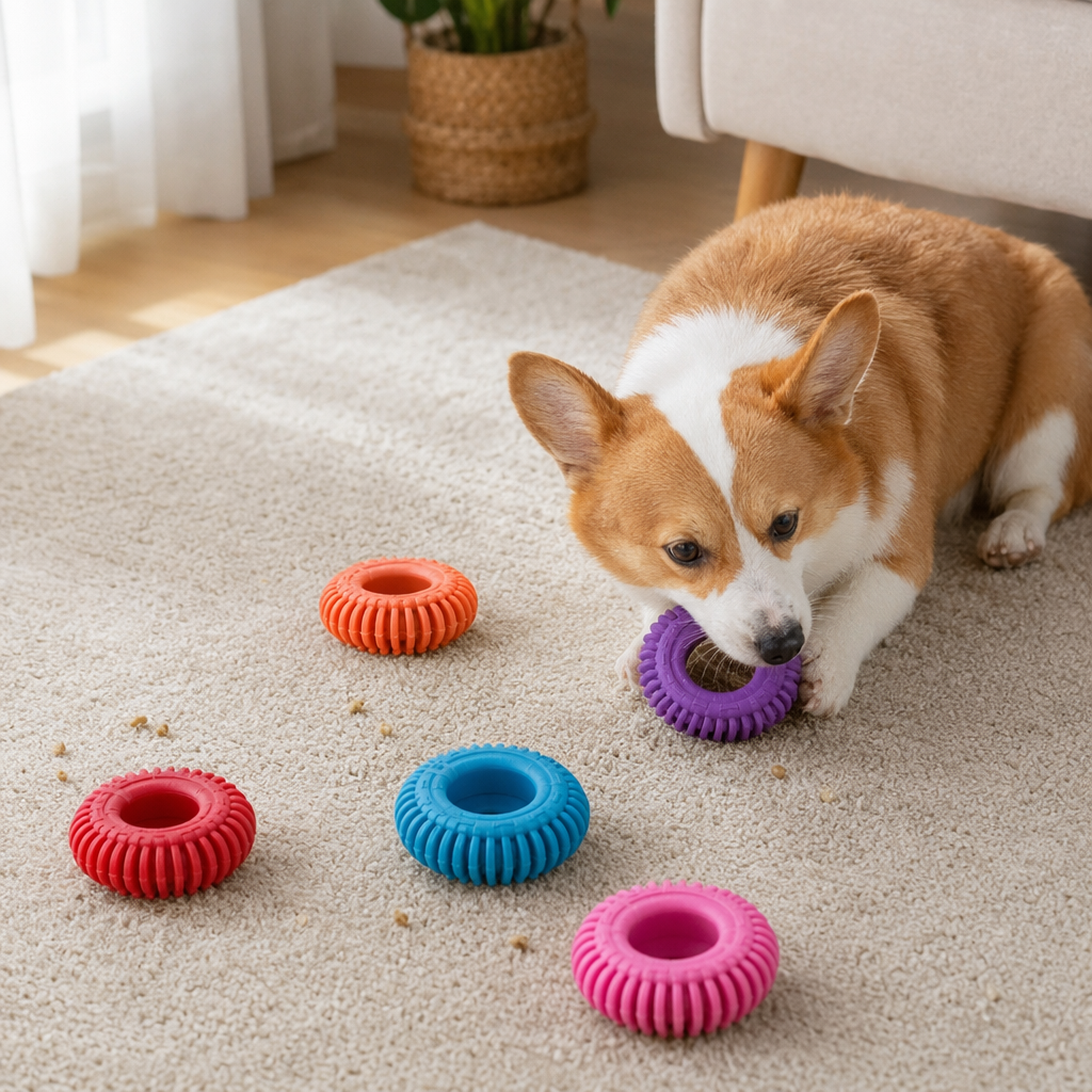 The colorful biting rubber toy is safe and non-toxic for chewing, soothing and grinding teeth with silicone details Picture