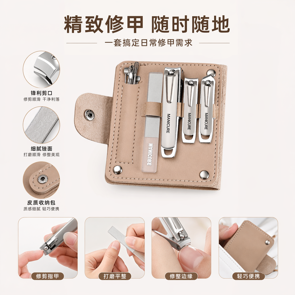 Beige leather nail care set, including silver nail clippers, frosted nail files, metal ear picks, light brown riveted buckle storage box