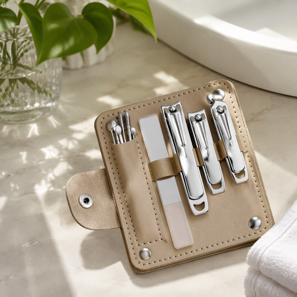 Beige leather nail care set, including silver nail clippers, frosted nail files, metal ear picks, light brown riveted buckle storage box details Picture