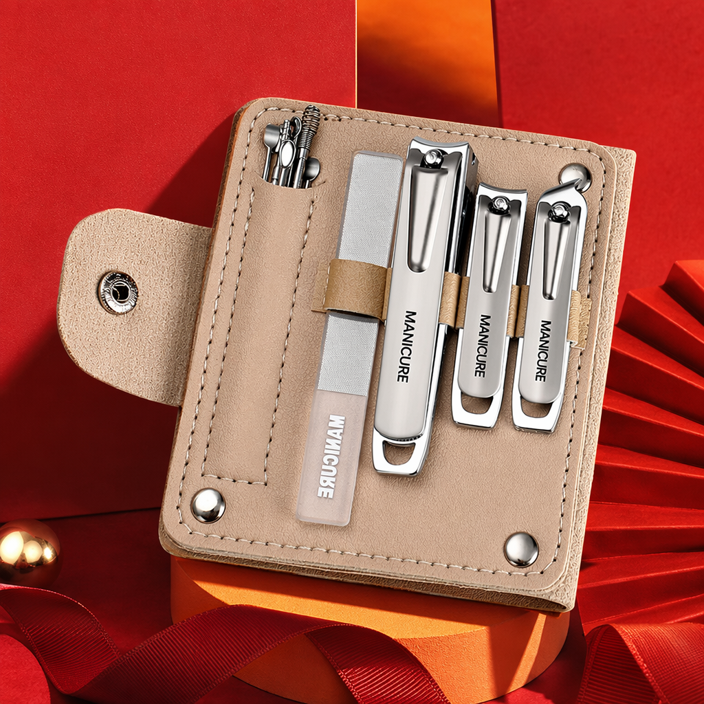 Beige leather nail care set, including silver nail clippers, frosted nail files, metal ear picks, light brown riveted buckle storage box Specification image
