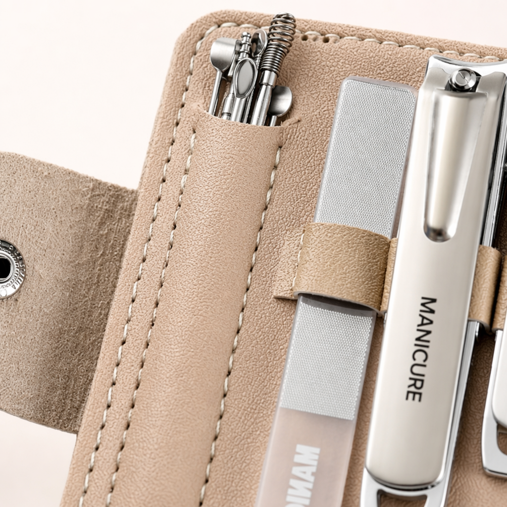 Beige leather nail care set, including silver nail clippers, frosted nail files, metal ear picks, light brown riveted buckle storage box Application Scenario