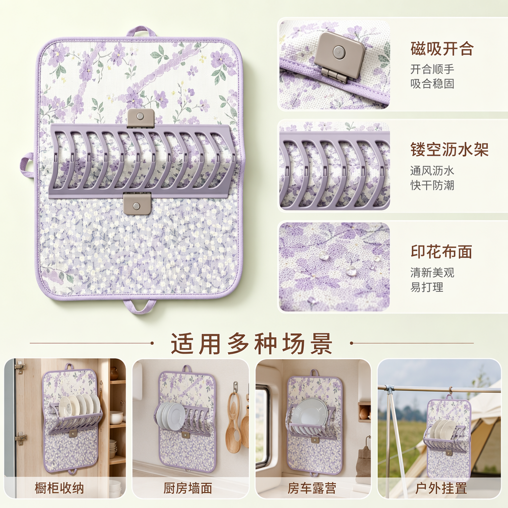 Fresh purple flower foldable water-draining placemats for home kitchen dishes, water-draining storage rack, water-absorbing and quick-drying Item Picture