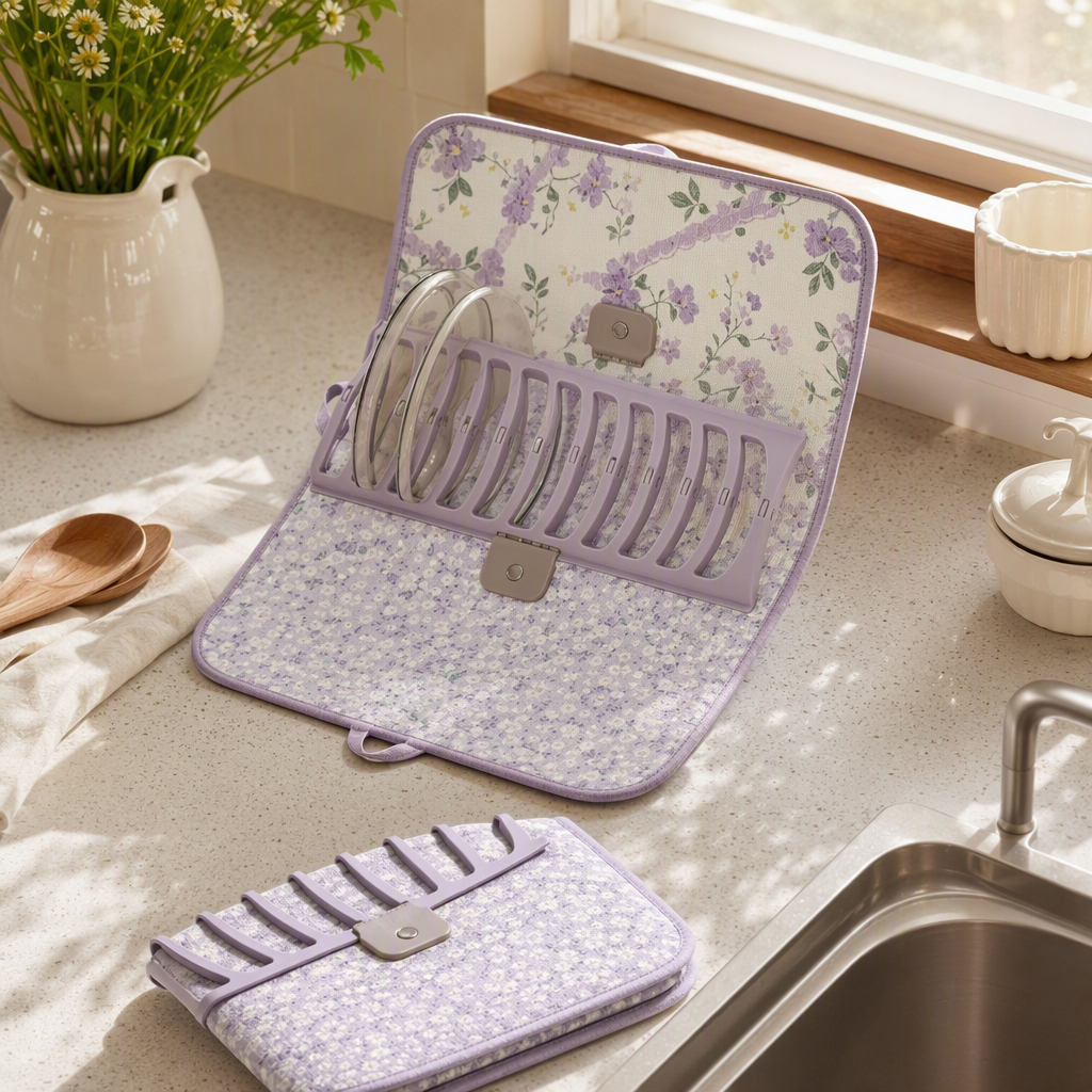 Fresh purple flower foldable water-draining placemats for home kitchen dishes, water-draining storage rack, water-absorbing and quick-drying