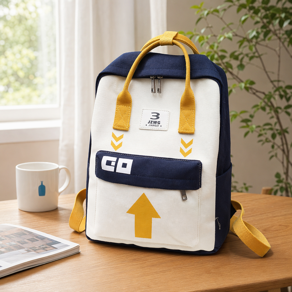 A white backpack with a yellow handle and shoulder strap, featuring a fashionable, simple and large-capacity commuting and casual backpack details Picture