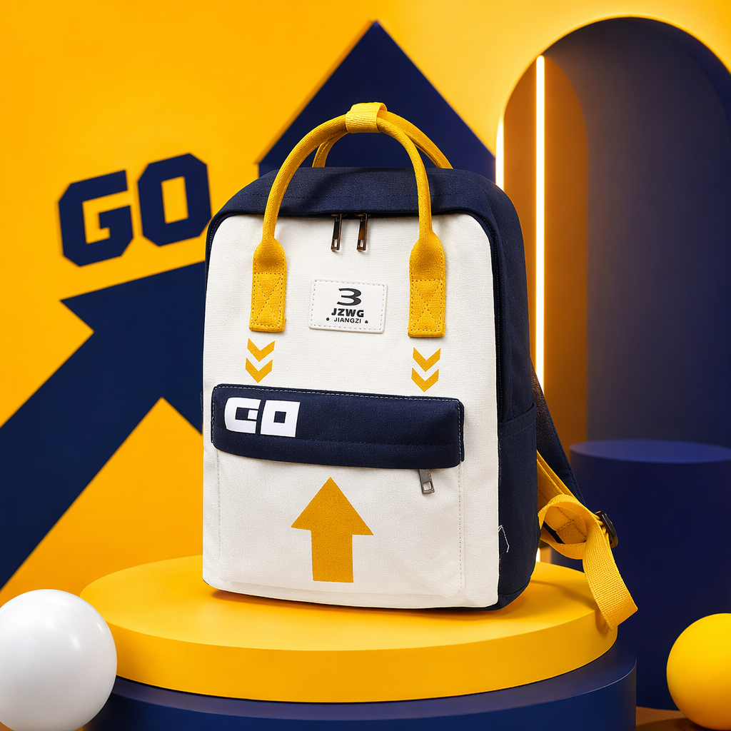 A white backpack with a yellow handle and shoulder strap, featuring a fashionable, simple and large-capacity commuting and casual backpack Specification image