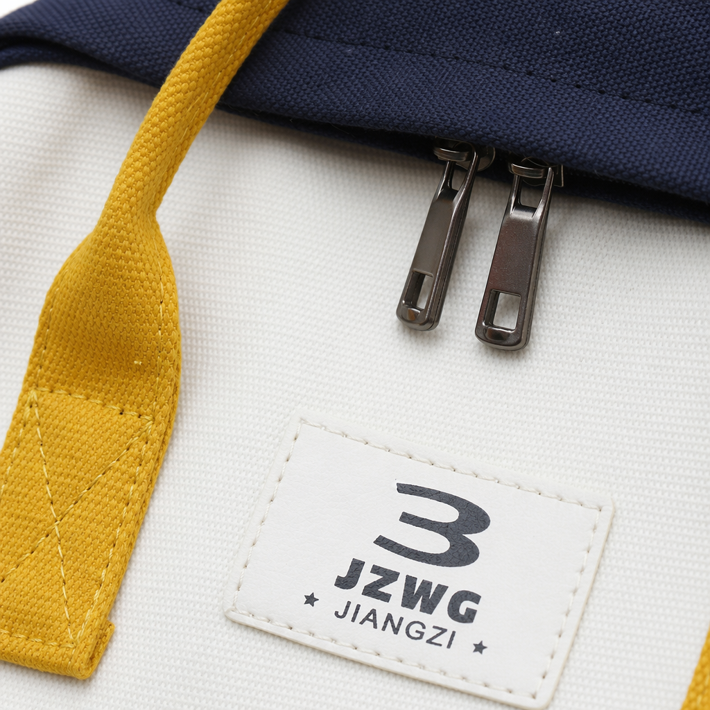 A white backpack with a yellow handle and shoulder strap, featuring a fashionable, simple and large-capacity commuting and casual backpack Application Scenario