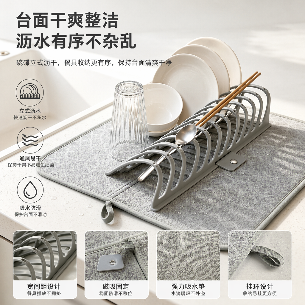 Minimalist folding water-draining placemats, detachable hollowed-out bowl and plate stands, anti-water accumulation and water-absorbing MATS for kitchen countertops details Picture