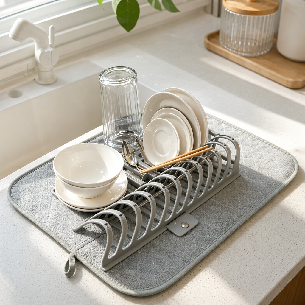 Minimalist folding water-draining placemats, detachable hollowed-out bowl and plate stands, anti-water accumulation and water-absorbing MATS for kitchen countertops Item Picture