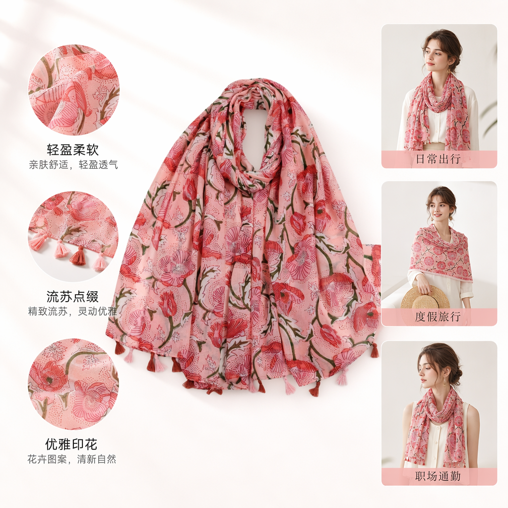 The pink floral pattern scarf made of cashmere blend is light, soft and suitable for all seasons