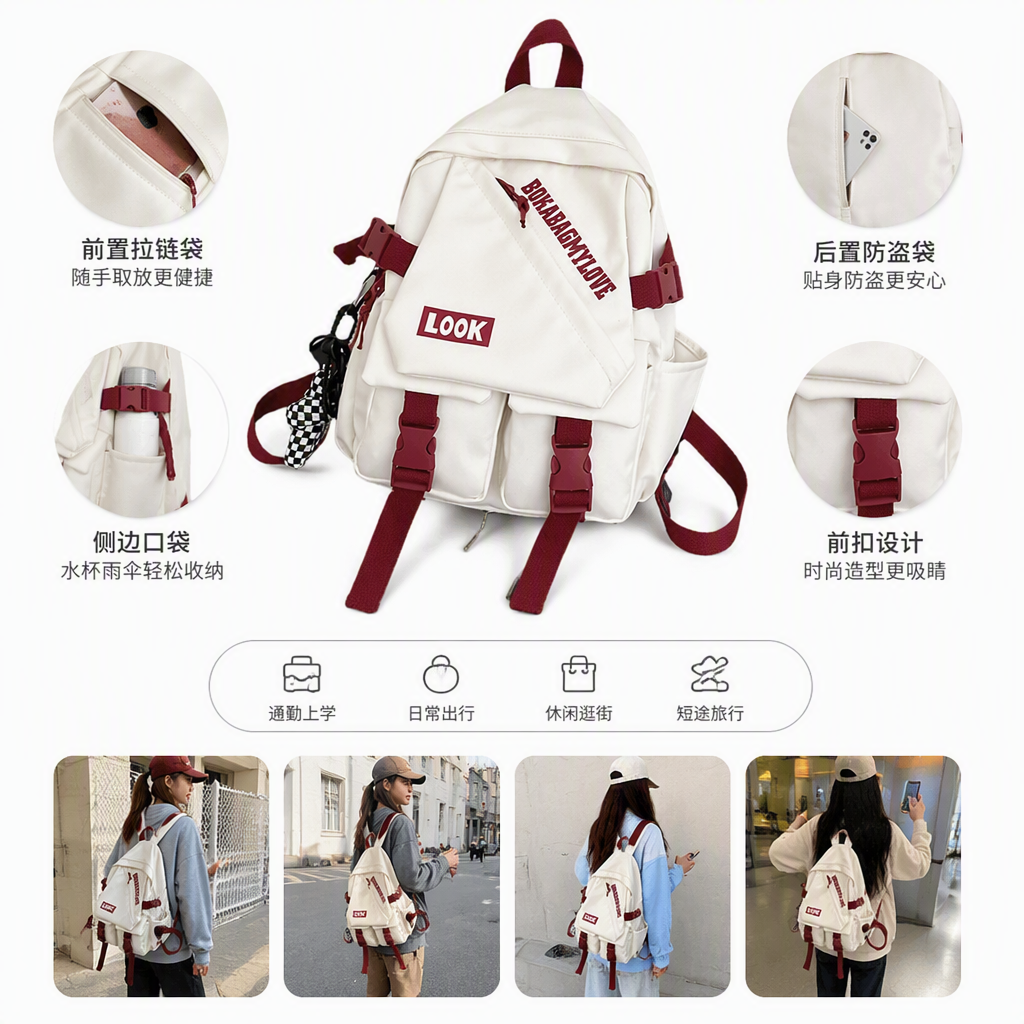 This white backpack is simple and versatile. It's a lightweight, large-capacity, fashionable and casual backpack for students' commuting