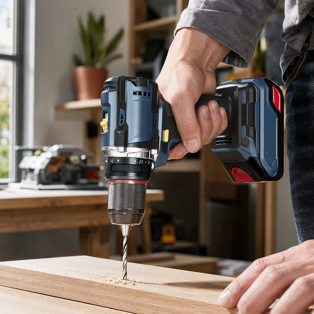 The blue-black electric drill is held by hand to operate a household rechargeable electric screwdriver details Picture