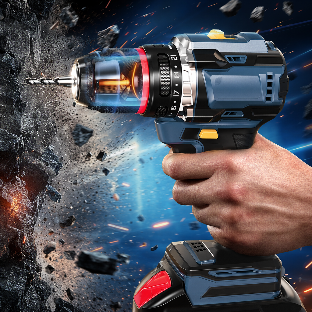 The blue-black electric drill is held by hand to operate a household rechargeable electric screwdriver Specification image