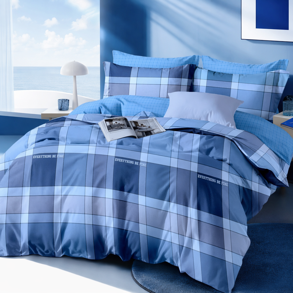 مجموعة من أربعة قطع من أغطية سرير القطن الخالص من طراز غرامي الزرقاء Specification image