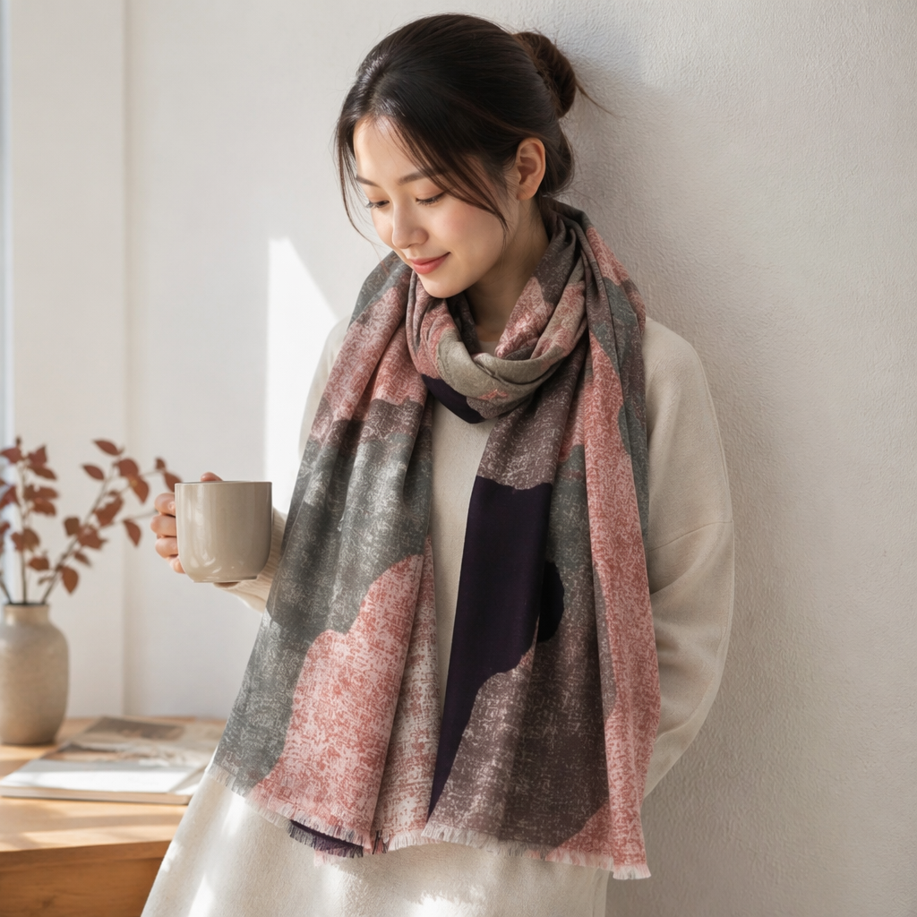 Pink, grey and deep purple abstract pattern scarf for warm autumn and winter, pure cotton knitted women's scarf details Picture
