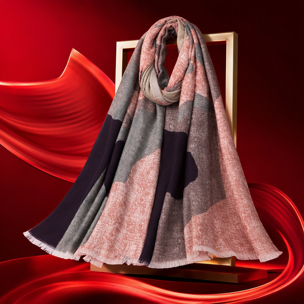 Pink, grey and deep purple abstract pattern scarf for warm autumn and winter, pure cotton knitted women's scarf Specification image