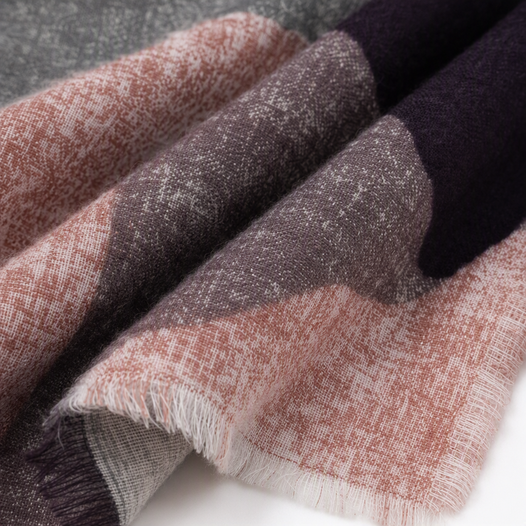 Pink, grey and deep purple abstract pattern scarf for warm autumn and winter, pure cotton knitted women's scarf Application Scenario