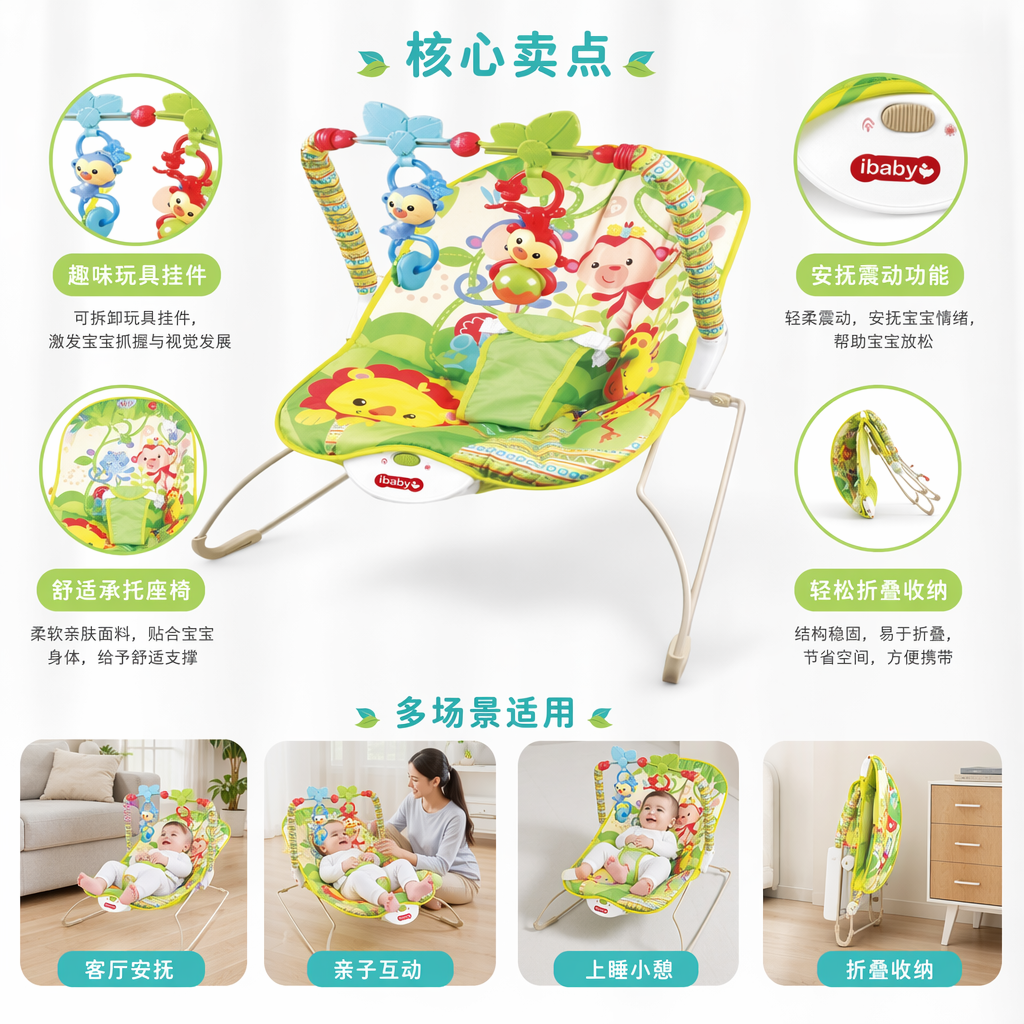 彩色婴儿摇椅宝宝安抚摇摇椅安全可调节静音摇椅