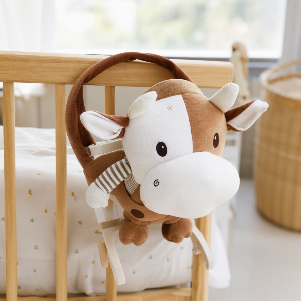 A cute and adorable brown bull-shaped swing toy for children, an educational and soothing plush display details Picture