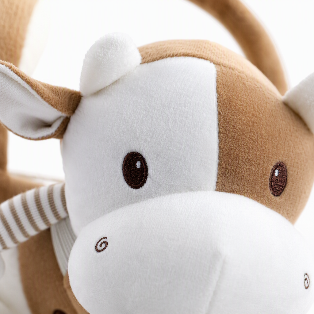 A cute and adorable brown bull-shaped swing toy for children, an educational and soothing plush display Application Scenario