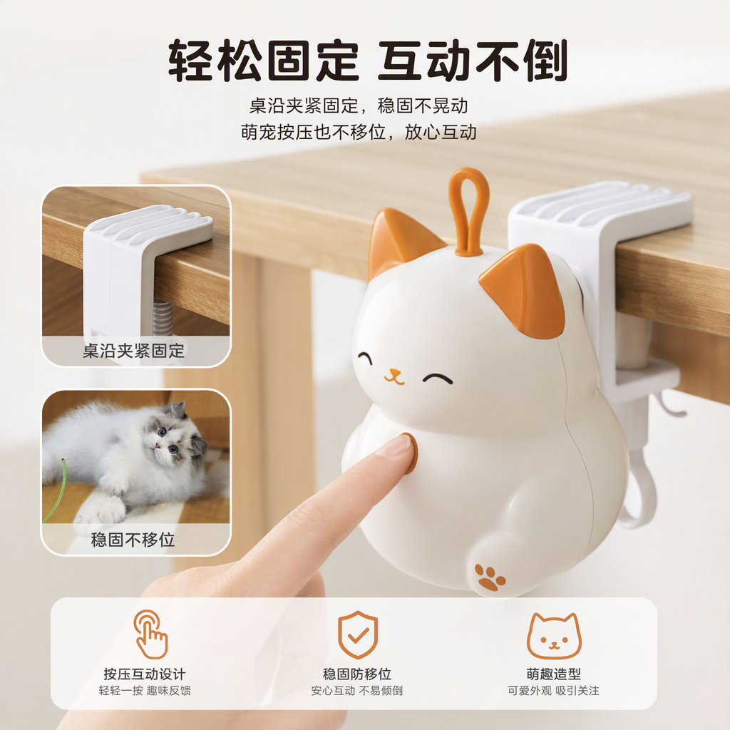 White and orange contrasting Maneki Neko shaped smart interactive pet toy for playing with cats
