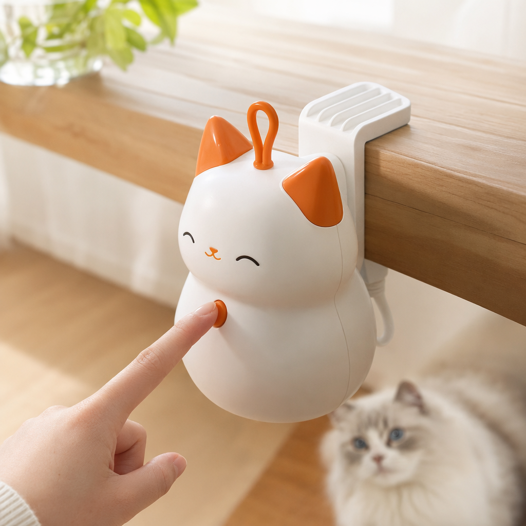 White and orange contrasting Maneki Neko shaped smart interactive pet toy for playing with cats details Picture