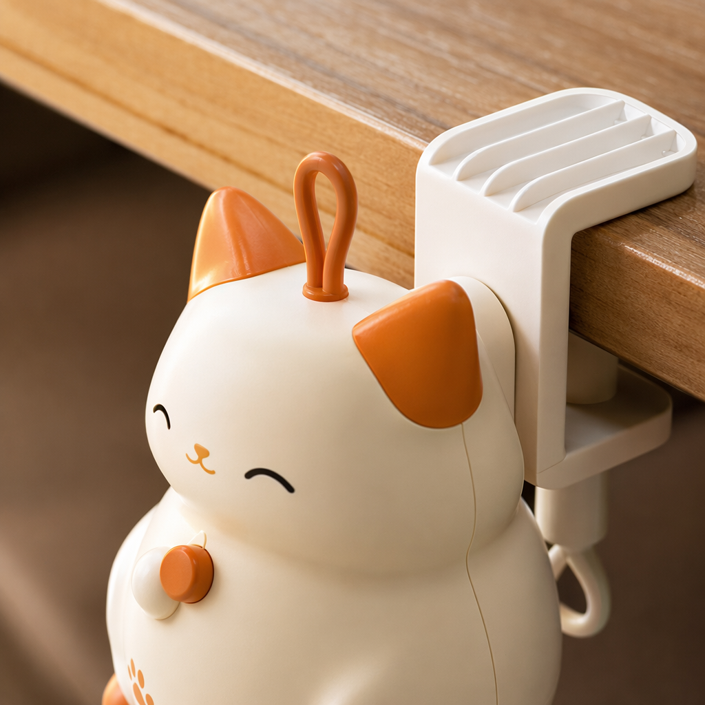 White and orange contrasting Maneki Neko shaped smart interactive pet toy for playing with cats Application Scenario