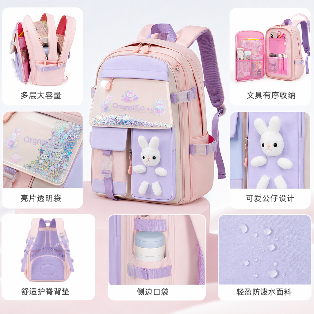The pink and purple rabbit pattern children's schoolbag features a cute cartoon two-color design, is lightweight and durable