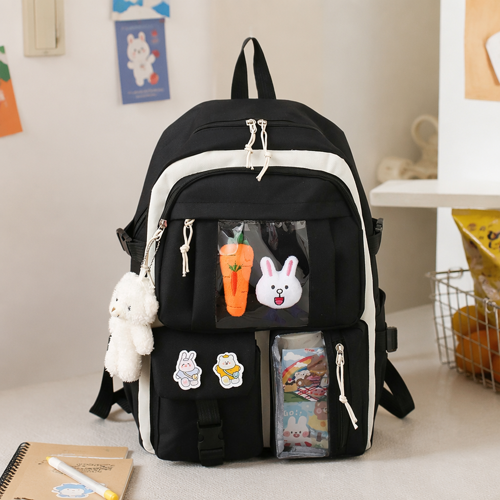 Black and white color-matched fashionable casual backpack, large-capacity lightweight student commuting backpack details Picture